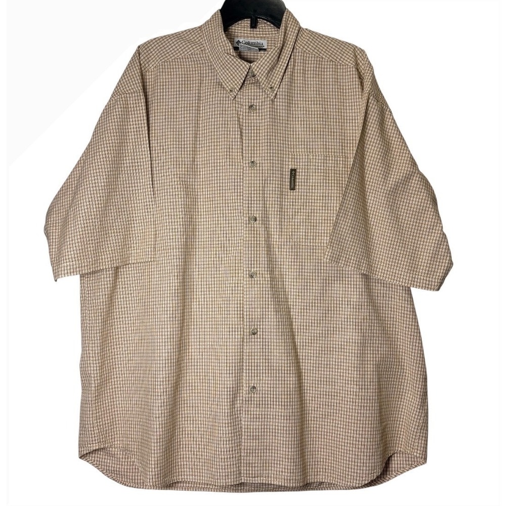 Columbia Button Down Shirt Mens XXL Tan Micro Check Short Sleeve